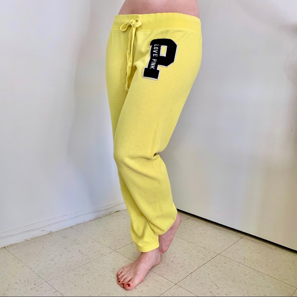 PINK Y2K yellow lounge varsity fleece-lined sweatpants drawstring joggers 2000s